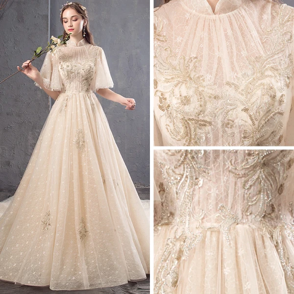 Vintage / Retro Champagne Wedding Dresses 2019 A-Line / Princess High Neck Bell sleeves Backless Appliques Lace Beading Pearl Sequins Chapel Train Ruffle