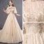 Vintage / Retro Champagne Wedding Dresses 2019 A-Line / Princess High Neck Bell sleeves Backless Appliques Lace Beading Pearl Sequins Chapel Train Ruffle