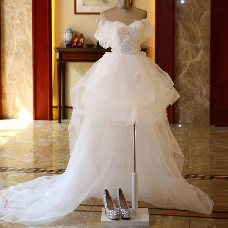 Affordable Ivory Short Asymmetrical Wedding Dresses 2019 A Line Princess  Off The Shoulder Short Sleeve Appliques Lace Backless Beading Pearl Ruffle