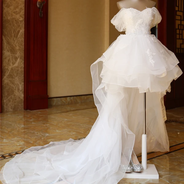 Affordable Ivory Short Asymmetrical Wedding Dresses 2019 A-Line / Princess Off-The-Shoulder Short Sleeve Appliques Lace Backless Beading Pearl Ruffle