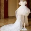 Affordable Ivory Short Asymmetrical Wedding Dresses 2019 A-Line / Princess Off-The-Shoulder Short Sleeve Appliques Lace Backless Beading Pearl Ruffle