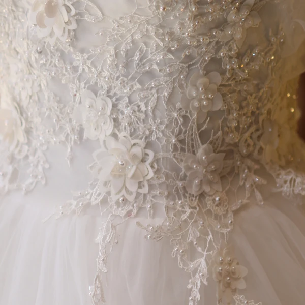 Affordable Ivory Short Asymmetrical Wedding Dresses 2019 A-Line / Princess Off-The-Shoulder Short Sleeve Appliques Lace Backless Beading Pearl Ruffle