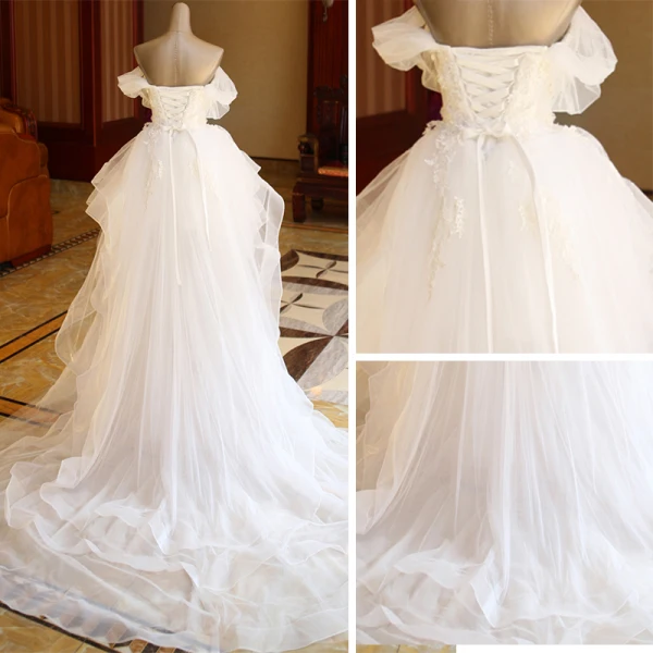 Affordable Ivory Short Asymmetrical Wedding Dresses 2019 A-Line / Princess Off-The-Shoulder Short Sleeve Appliques Lace Backless Beading Pearl Ruffle