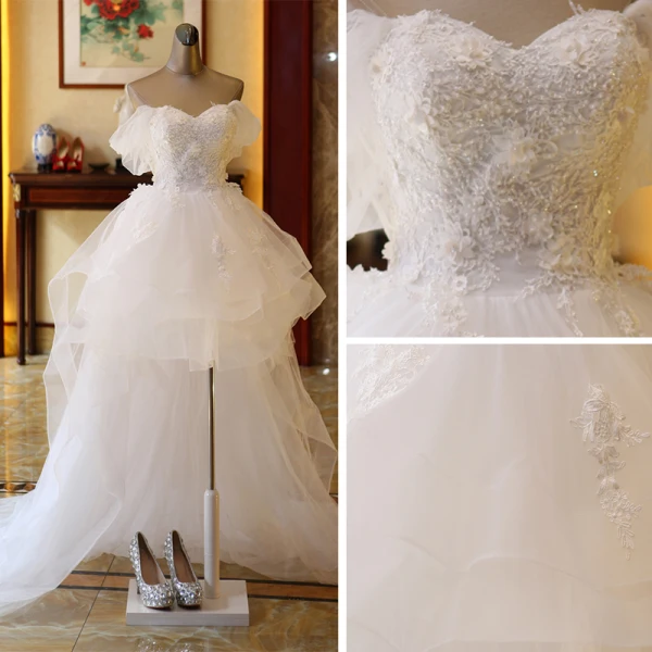 Affordable Ivory Short Asymmetrical Wedding Dresses 2019 A-Line / Princess Off-The-Shoulder Short Sleeve Appliques Lace Backless Beading Pearl Ruffle