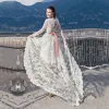 Chic / Beautiful Ivory Outdoor / Garden Short Asymmetrical Wedding Dresses 2019 A-Line / Princess Square Neckline Long Sleeve Backless Appliques Lace Beading Sash Ruffle