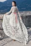 Snygga / Fina Elfenben Trädgård / Utomhus Korta Asymmetrisk Bröllopsklänningar 2019 Prinsessa Fyrkantig Ringning Långärmad Halterneck Appliqués Spets Beading Skärp Ruffle