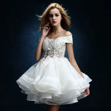 Affordable White Organza Short Wedding Dresses 2019 A Line Princess Off The Shoulder Short Sleeve Backless Appliques Pierced Lace Rhinestone Cascading Ruffles