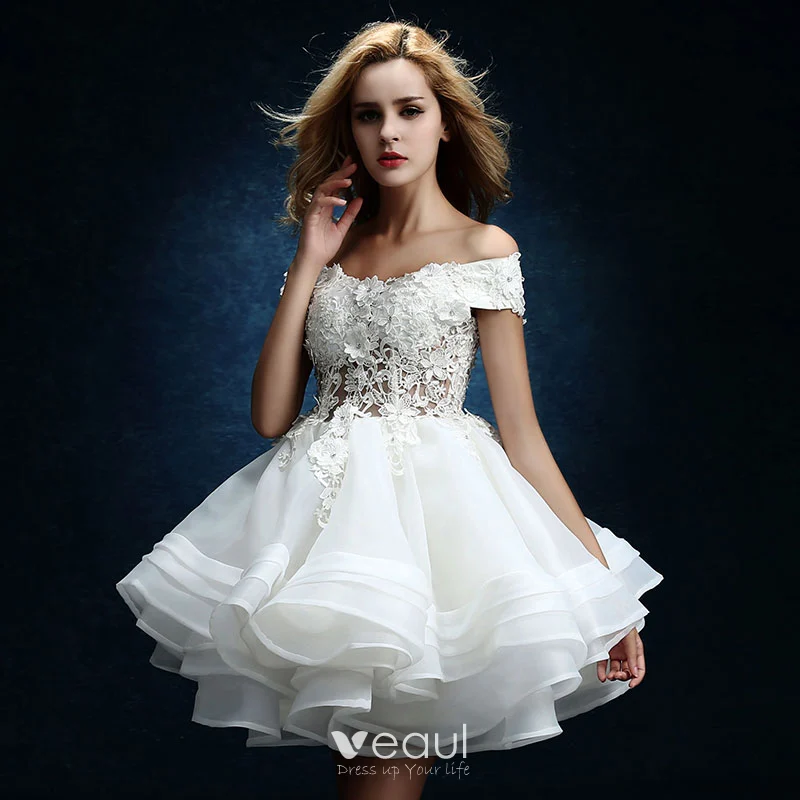 Affordable White Organza Short Wedding Dresses 2019 A Line Princess Off The Shoulder Short Sleeve Backless Appliques Pierced Lace Rhinestone Cascading Ruffles
