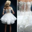 Abordable Blanche Organza Courte Robe De Mariée 2019 Princesse De l'épaule Manches Courtes Dos Nu Appliques Percé En Dentelle Faux Diamant Volants en Cascade