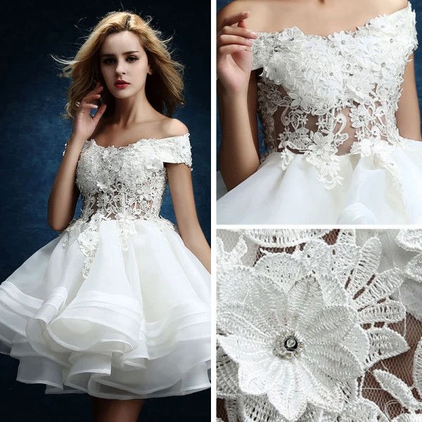 Abordable Blanche Organza Courte Robe De Mariée 2019 Princesse De l'épaule Manches Courtes Dos Nu Appliques Percé En Dentelle Faux Diamant Volants en Cascade