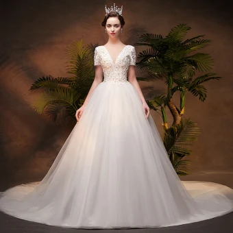 Elegant Ivory Wedding Dresses 2019 A Line Princess Appliques Deep V Neck Short Sleeve Backless Lace Beading Pearl Sequins Chapel Train Ruffle