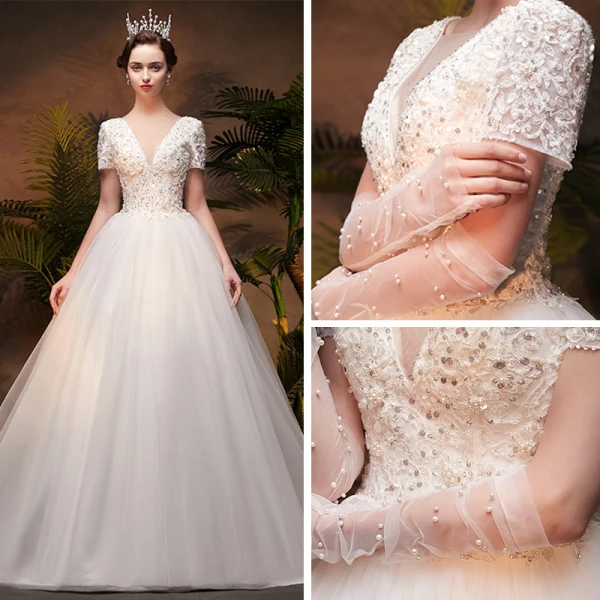Élégant Ivoire Robe De Mariée 2019 Princesse Appliques Col v profond Manches Courtes Dos Nu En Dentelle Perlage Perle Paillettes Chapel Train Volants