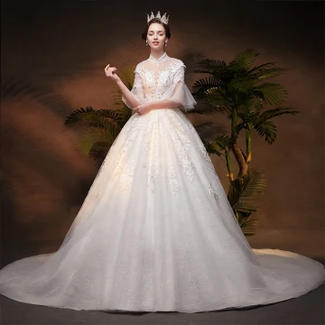 Vintage Retro Ivory See Through Wedding Dresses 2019 A Line Princess High Neck Bell Sleeves Backless Appliques Lace Beading Glitter Tulle Chapel Train Ruffle