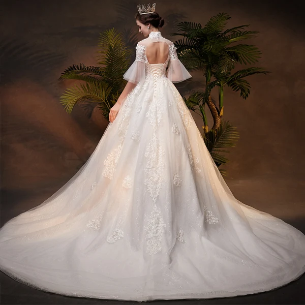 Vintage / Retro Ivory See-through Wedding Dresses 2019 A-Line / Princess High Neck Bell sleeves Backless Appliques Lace Beading Glitter Tulle Chapel Train Ruffle