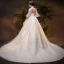 Vintage / Retro Ivory See-through Wedding Dresses 2019 A-Line / Princess High Neck Bell sleeves Backless Appliques Lace Beading Glitter Tulle Chapel Train Ruffle
