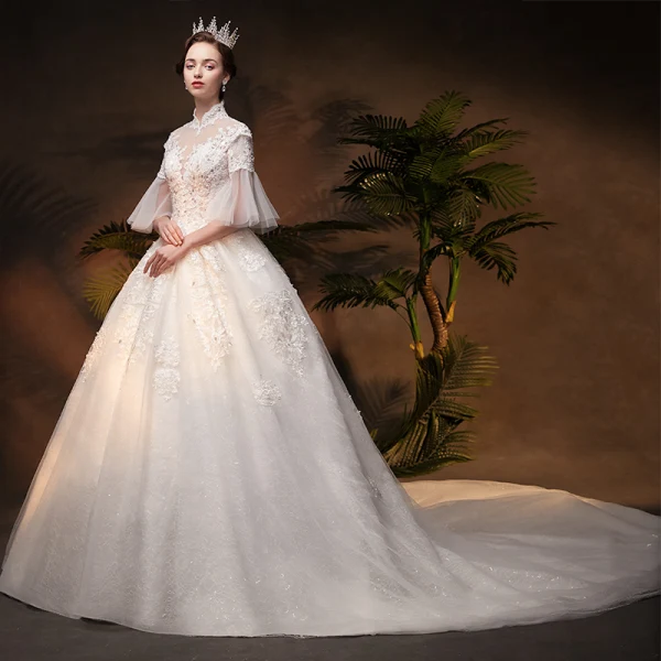 Vintage / Retro Ivory See-through Wedding Dresses 2019 A-Line / Princess High Neck Bell sleeves Backless Appliques Lace Beading Glitter Tulle Chapel Train Ruffle