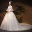 Vintage / Retro Ivory See-through Wedding Dresses 2019 A-Line / Princess High Neck Bell sleeves Backless Appliques Lace Beading Glitter Tulle Chapel Train Ruffle