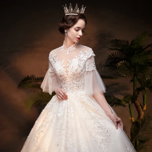 Vintage / Retro Ivory See-through Wedding Dresses 2019 A-Line / Princess High Neck Bell sleeves Backless Appliques Lace Beading Glitter Tulle Chapel Train Ruffle
