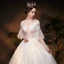 Vintage / Retro Ivory See-through Wedding Dresses 2019 A-Line / Princess High Neck Bell sleeves Backless Appliques Lace Beading Glitter Tulle Chapel Train Ruffle