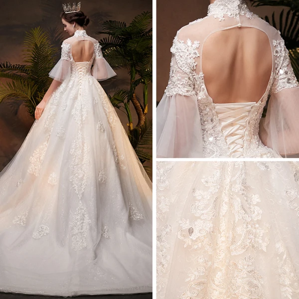Vintage / Retro Ivory See-through Wedding Dresses 2019 A-Line / Princess High Neck Bell sleeves Backless Appliques Lace Beading Glitter Tulle Chapel Train Ruffle