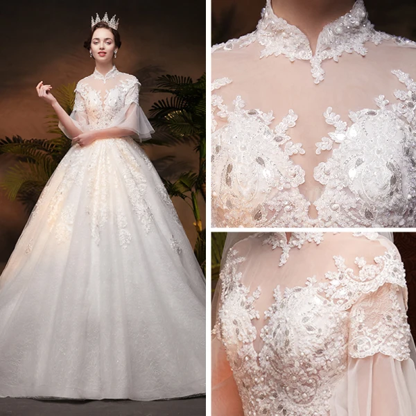 Vintage / Retro Ivory See-through Wedding Dresses 2019 A-Line / Princess High Neck Bell sleeves Backless Appliques Lace Beading Glitter Tulle Chapel Train Ruffle