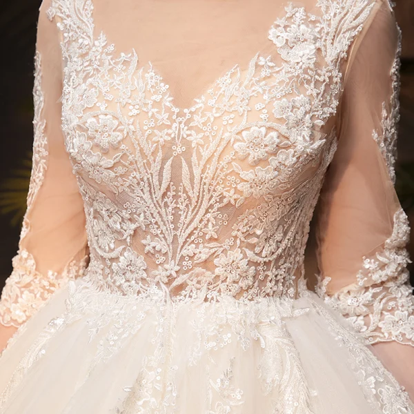 Illusion Ivoire Transparentes Robe De Mariée 2019 Princesse Encolure Carrée 3/4 Manches Dos Nu Appliques Percé En Dentelle Chapel Train Volants