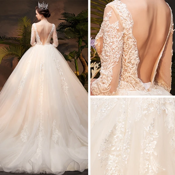Illusion Ivoire Transparentes Robe De Mariée 2019 Princesse Encolure Carrée 3/4 Manches Dos Nu Appliques Percé En Dentelle Chapel Train Volants