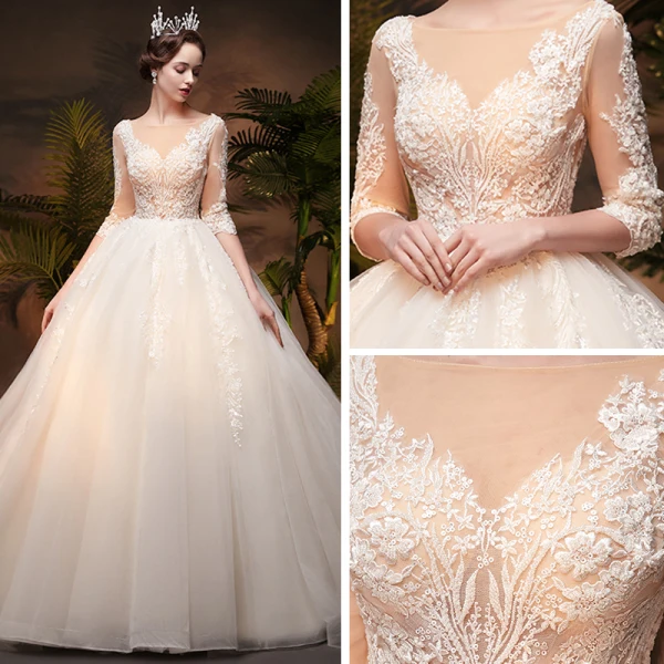 Illusion Ivoire Transparentes Robe De Mariée 2019 Princesse Encolure Carrée 3/4 Manches Dos Nu Appliques Percé En Dentelle Chapel Train Volants