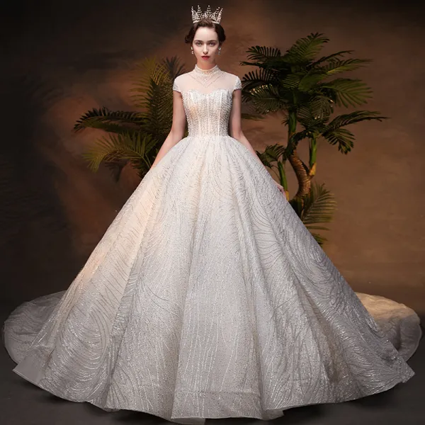 Luxury / Gorgeous Ivory See-through Wedding Dresses 2019 Ball Gown High Neck Cap Sleeves Backless Handmade  Beading Glitter Sequins Chapel Train Ruffle