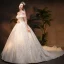 Luxury / Gorgeous Champagne Wedding Dresses 2019 Ball Gown Off-The-Shoulder Short Sleeve Backless Handmade  Beading Glitter Sequins Chapel Train