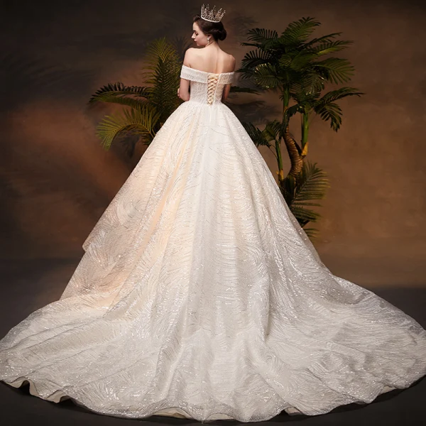 Luxury / Gorgeous Champagne Wedding Dresses 2019 Ball Gown Off-The-Shoulder Short Sleeve Backless Handmade Beading Glitter Sequins Chapel Train