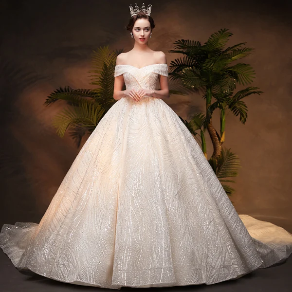 Luxury / Gorgeous Champagne Wedding Dresses 2019 Ball Gown Off-The-Shoulder Short Sleeve Backless Handmade Beading Glitter Sequins Chapel Train
