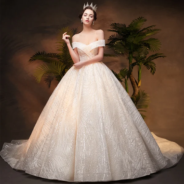 Luxury / Gorgeous Champagne Wedding Dresses 2019 Ball Gown Off-The-Shoulder Short Sleeve Backless Handmade Beading Glitter Sequins Chapel Train
