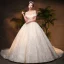 Luxury / Gorgeous Champagne Wedding Dresses 2019 Ball Gown Off-The-Shoulder Short Sleeve Backless Handmade  Beading Glitter Sequins Chapel Train