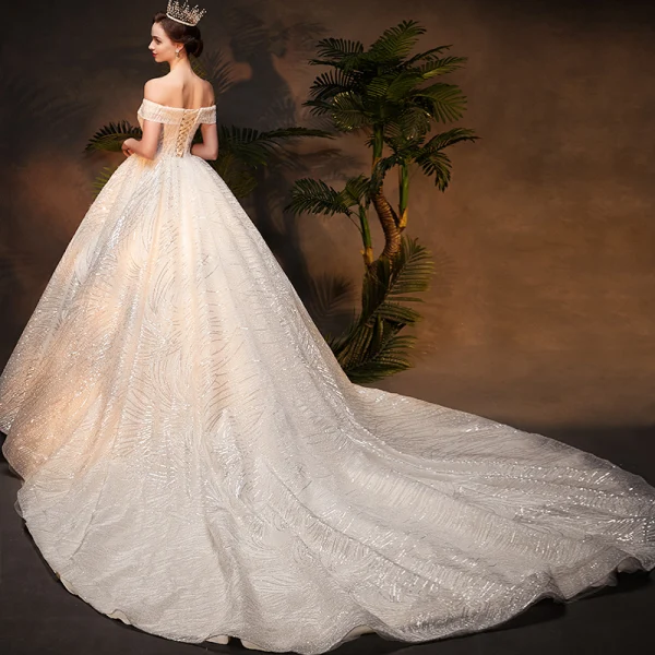 Luxury / Gorgeous Champagne Wedding Dresses 2019 Ball Gown Off-The-Shoulder Short Sleeve Backless Handmade Beading Glitter Sequins Chapel Train