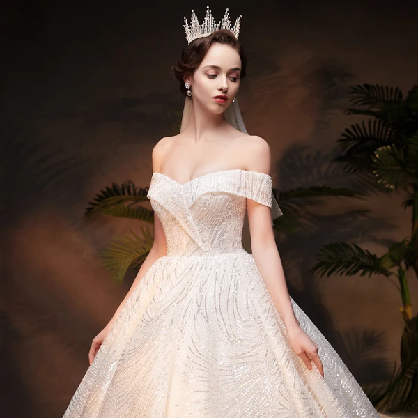 Luxury / Gorgeous Champagne Wedding Dresses 2019 Ball Gown Off-The-Shoulder Short Sleeve Backless Handmade Beading Glitter Sequins Chapel Train