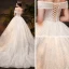 Luxury / Gorgeous Champagne Wedding Dresses 2019 Ball Gown Off-The-Shoulder Short Sleeve Backless Handmade  Beading Glitter Sequins Chapel Train
