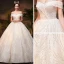 Luxury / Gorgeous Champagne Wedding Dresses 2019 Ball Gown Off-The-Shoulder Short Sleeve Backless Handmade  Beading Glitter Sequins Chapel Train