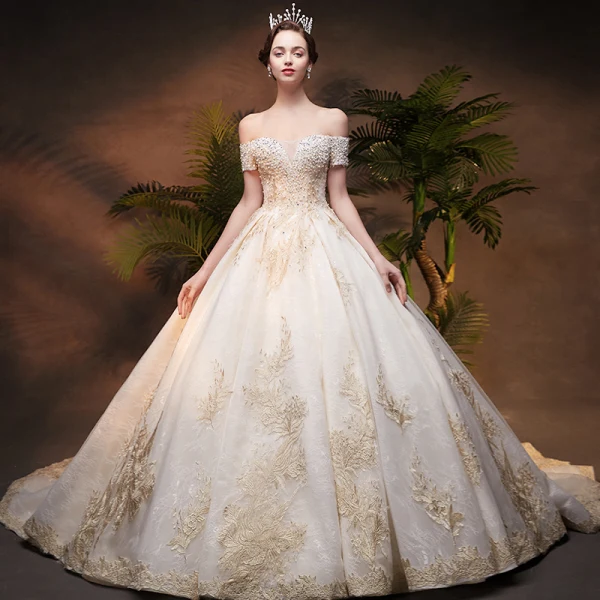 Luxury / Gorgeous Champagne Wedding Dresses 2019 Ball Gown Off-The-Shoulder Short Sleeve Backless Appliques Lace Handmade Beading Pearl Chapel Train Ruffle