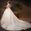 Luxury / Gorgeous Champagne Wedding Dresses 2019 Ball Gown Off-The-Shoulder Short Sleeve Backless Appliques Lace Handmade  Beading Pearl Chapel Train Ruffle