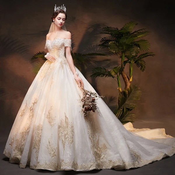 Luxury / Gorgeous Champagne Wedding Dresses 2019 Ball Gown Off-The-Shoulder Short Sleeve Backless Appliques Lace Handmade Beading Pearl Chapel Train Ruffle