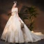Luxury / Gorgeous Champagne Wedding Dresses 2019 Ball Gown Off-The-Shoulder Short Sleeve Backless Appliques Lace Handmade  Beading Pearl Chapel Train Ruffle