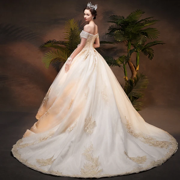 Luxury / Gorgeous Champagne Wedding Dresses 2019 Ball Gown Off-The-Shoulder Short Sleeve Backless Appliques Lace Handmade Beading Pearl Chapel Train Ruffle
