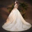 Luxury / Gorgeous Champagne Wedding Dresses 2019 Ball Gown Off-The-Shoulder Short Sleeve Backless Appliques Lace Handmade  Beading Pearl Chapel Train Ruffle