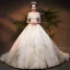 Luxury / Gorgeous Champagne Wedding Dresses 2019 Ball Gown Off-The-Shoulder Short Sleeve Backless Appliques Lace Handmade  Beading Pearl Chapel Train Ruffle