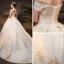Luxury / Gorgeous Champagne Wedding Dresses 2019 Ball Gown Off-The-Shoulder Short Sleeve Backless Appliques Lace Handmade  Beading Pearl Chapel Train Ruffle