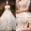 Luxury / Gorgeous Champagne Wedding Dresses 2019 Ball Gown Off-The-Shoulder Short Sleeve Backless Appliques Lace Handmade  Beading Pearl Chapel Train Ruffle