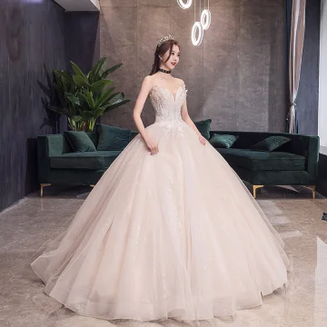 Charmant Champagne Corset Robe De Mariée 2019 Princesse Amoureux Sans Manches Dos Nu Appliques En Dentelle Perlage Glitter Tulle Cathedral Train
