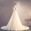 Elegant Champagne See-through Outdoor / Garden Wedding Dresses 2019 A-Line / Princess High Neck 3/4 Sleeve Appliques Lace Beading Glitter Tulle Court Train Ruffle