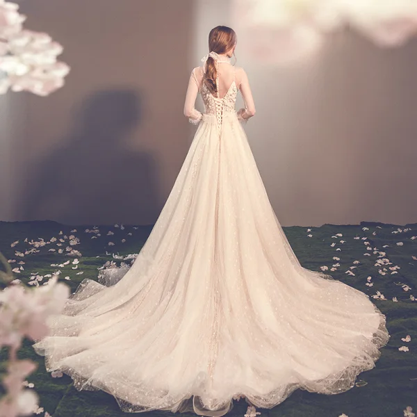 Elegant Champagne See-through Outdoor / Garden Wedding Dresses 2019 A-Line / Princess High Neck 3/4 Sleeve Appliques Lace Beading Glitter Tulle Court Train Ruffle